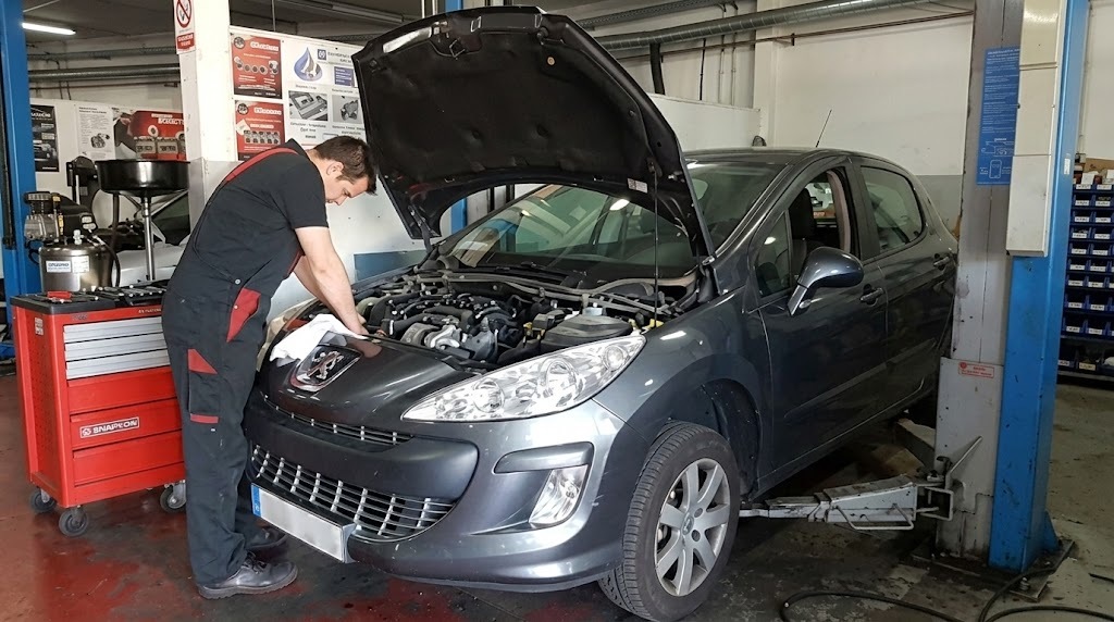 Mecánico reparando motor del coche